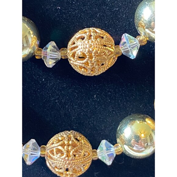 Vintage Lisner Gold-Tone Beaded Necklace With Filigree & Aurora Borealis Accents - Picture 2 of 10